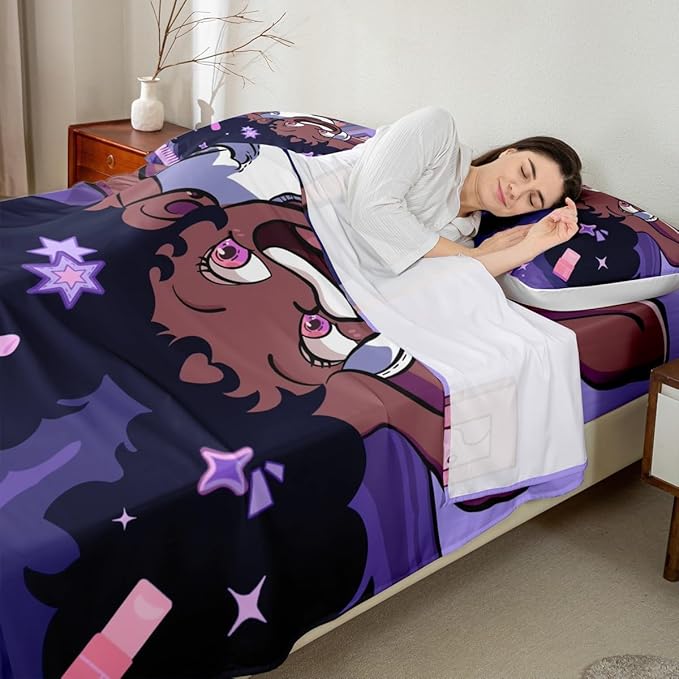 Black Princess Girl Kids Sheet Full Size,African American Cartoon Cosmetic Bedding Set, Star Magical Cute Y2K Chic Kids Room Decor,Purple Sheet(Fitted+Flat+2 Pillowcases)