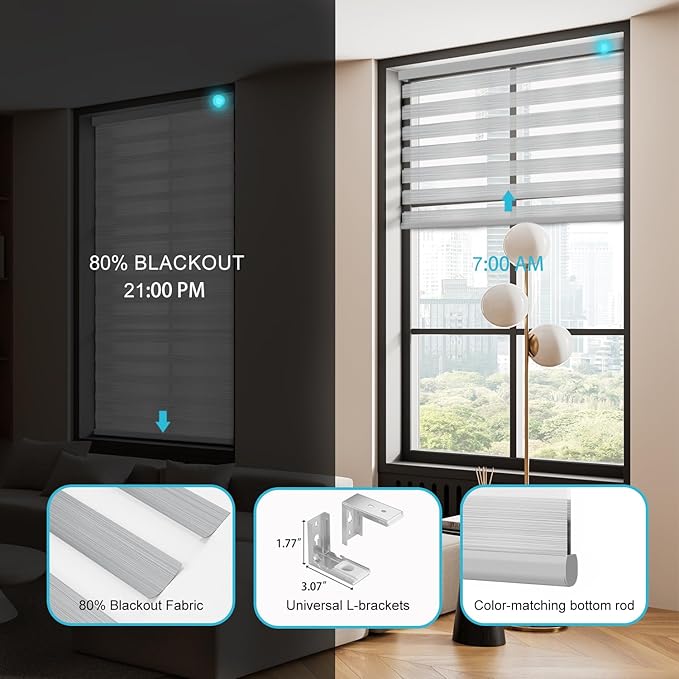 Motorized Zebra Blinds with Remote Smart Blind Work with Homekit Alexa SmartThings Electric Day and Night Shade Cordless Automatic Solar Powered Window Shade Customize(Wooden Texture Sliver)
