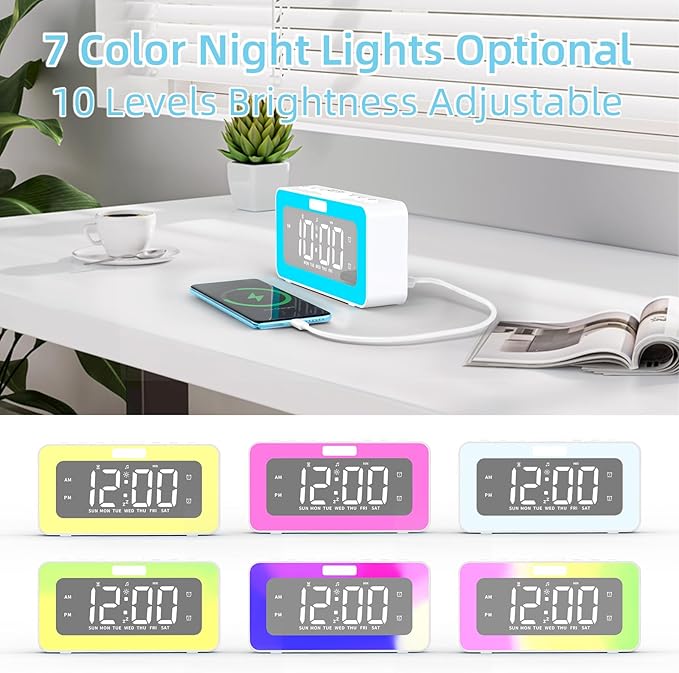 Cooluck Digital Alarm Clock for Bedrooms, Loud Dual Alarm for Heavy Sleepers, Large Display Desk Clock with 7 LED Night Lights, Nature Sounds, for Adults, Teens, Home or Office (White)