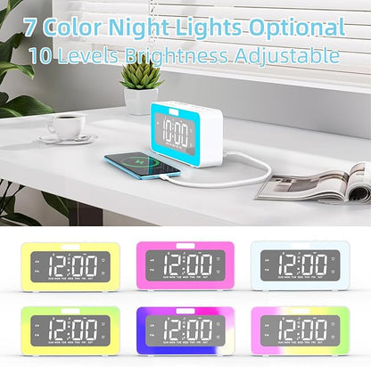 Cooluck Digital Alarm Clock for Bedrooms, Loud Dual Alarm for Heavy Sleepers, Large Display Desk Clock with 7 LED Night Lights, Nature Sounds, for Adults, Teens, Home or Office (White)