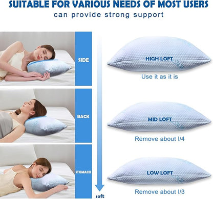 Cooling Pillows King Size Set of 2 - Shredded Memory Foam Cold Pillows That Stay Cold Soft Pillow for Sleeping, Adjustable Bed Pillow for Side, Back, and Stomach Sleepers