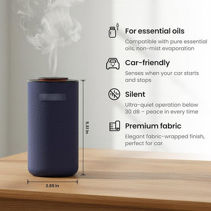 Aromabot Waterless Essential Oil Diffuser, Smart Portable Nebulizing Waterless Diffuser for Car, Home, or Office – Dual Mist Modes, Comfort Fabric Wrapping Process, Rechargeable Battery, LED Light