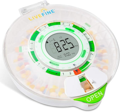 Live Fine 28-Day Automatic Pill Dispenser with Upgraded LCD Display, Key Lock, Sound & Light for Prescriptions, Medication, Vitamins, Supplements & More