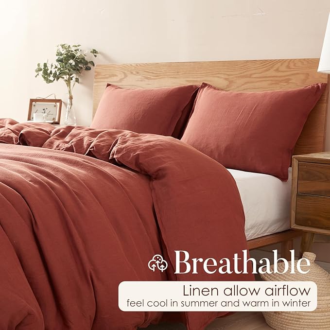 DAPU 100% Linen Duvet Cover Set - Pure Natural French Flax Linen with Corner Ties and Zipper Closure Soft Breathable Durable for Hot Sleepers 1 Duvet Cover 2 Pillowcases (Rust Red, Queen/Full)