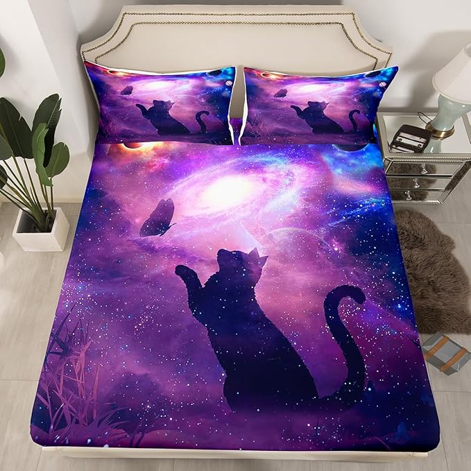 Cat Butterfly Sheet Set Queen Starry Sky Galaxy Universe Bedding for Kids Teens Room Decor,Animal Purple Background Soft Bed Sheet Set 4pcs with Deep Pocket Fitted Sheet + Flat Sheet + 2 Pillowcases