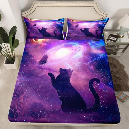 Cat Butterfly Sheet Set Queen Starry Sky Galaxy Universe Bedding for Kids Teens Room Decor,Animal Purple Background Soft Bed Sheet Set 4pcs with Deep Pocket Fitted Sheet + Flat Sheet + 2 Pillowcases