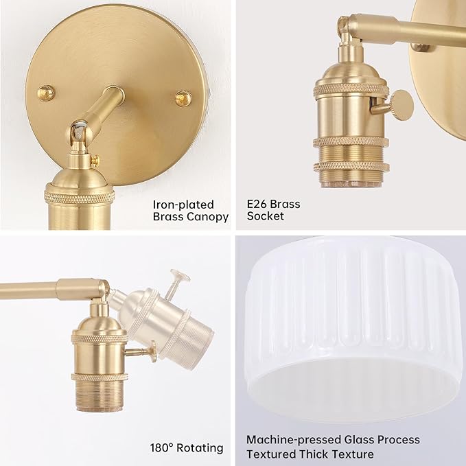 Vintage Battery Operated Wall Sconce with White Striped Glass Lampshade 5000 mAh Rechargeable Battery Powered Wall Light with Remote Control for Bedside Bedroom Doorway, Set of 2