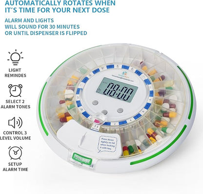 Automatic Pill Dispenser with Safety Lock, Flashing Light, Sound, Alarm, 28-Day Electronic Medication Dispenser for Vitamins and Tablets Up 6 Times/Day, Easy Read Display, Clear Lid