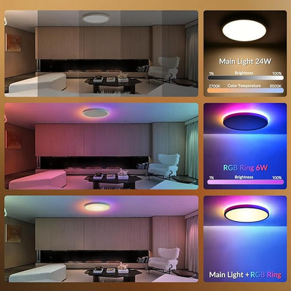 2 Pack Smart RGB LED Ceiling Light with Remote, 12" WiFi Flush Mount Ceiling Light Works with Alexa & Google Home, 24W=2400LM Dimmable, DIY Colors & 2700K-6500K, for Bedroom Living Room