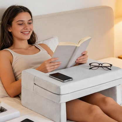 DUMOS Reading Pillow for Gaming with Ergonomic Arm Rests, Memory Foam Lap Desk for Laptop, Support Pillow with Side Pockets for Reading, Writing, Working, Gaming on Bed, Couch or Floor