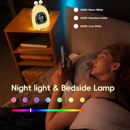 Sunrise Alarm Clock Wake Up Light, White Noise Sound Machine with 20 Soothing Sounds, 10 Night Lights, Bluetooth Speaker/Temp & Humidity/Rechargeable, Dimmable Clock Gift for Baby Kids Adults