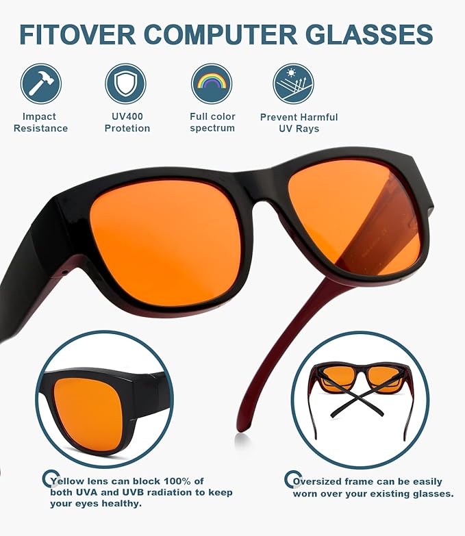 BLUELESS Fits Over Computer Eyeglasses with Orange Tinted Sleep Glasses, Black Red