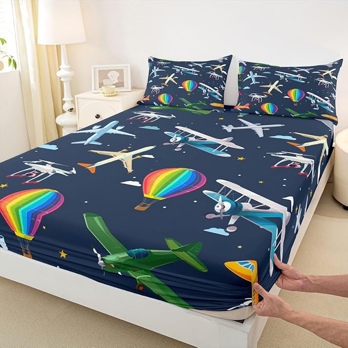 Airplanes Kids Twin Size Fitted Sheet,Star Rainbow Hot Air Balloon Boys Girls Bed Sheets,Clouds Cartoon Aircraft Room Decor,Dark Blue Bedding Set,1 Pillowcase(No Flat)