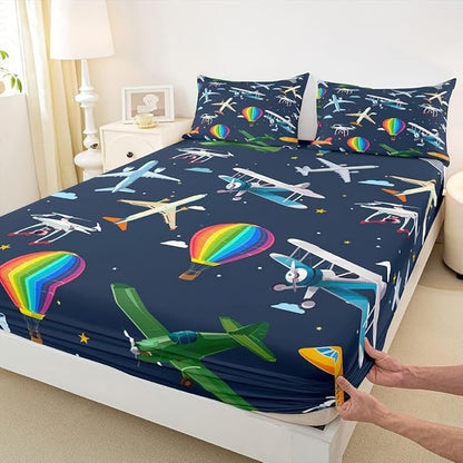 Airplanes Kids Full Size Fitted Sheet,Star Rainbow Hot Air Balloon Boys Girls Bed Sheets,Clouds Cartoon Aircraft Room Decor,Dark Blue Bedding Set,2 Pillowcases(No Flat)