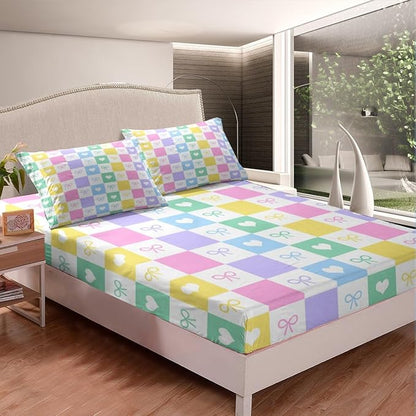 Princess Bowknot Fitted Sheet Queen Size,Colorful Plaids Grids Patchwork Soft Bed Cover(1 Fitted Sheet+1 Pillow Case),Dreamy Bow-tie Love Hearts Cartoon Kawaii Breathable Mattress Cover