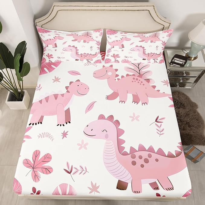 Cartoon Dinosaur Kids Fitted Sheet Twin Size,Palm Leaves Tropical Plants Botanical Bedding Set,Boys Girls Room Decor,Cute Dinosaur Vintage Animals Bed Cover,Pink Bed Sheet,1 Pillowcase