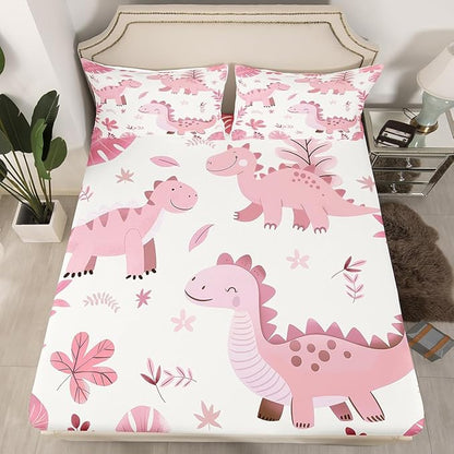 Cartoon Dinosaur Kids Fitted Sheet Queen Size,Palm Leaves Tropical Plants Botanical Bedding Set,Boys Girls Room Decor,Cute Dinosaur Vintage Animals Bed Cover,Pink Bed Sheet,2 Pillowcases