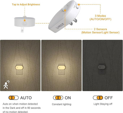 Lyridz Plug in Night Light with Motion Sensor, 120LM Superior Bright Smart Mini LED Nightlight, Warm White with Stepless Adjustable Brightness for Bathroom, Bedroom, Kitchen, Stairs, Hallway, 2 Pack