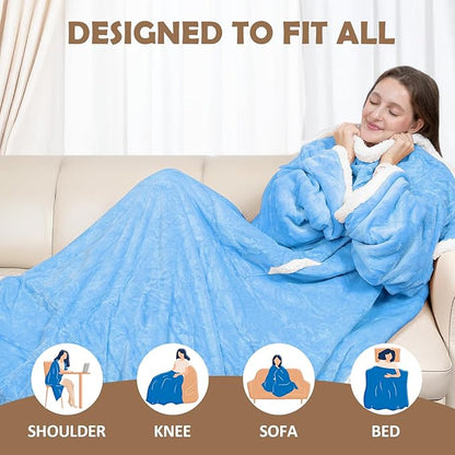 Wearable Heated Blanket with Foot Pocket, 52"x72" Electric Blanket with Sleeves for 12 Hours Timer, 6 Heat Settings, Flannel & Sherpa, Blue