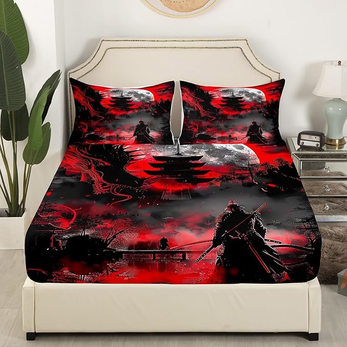Manfei Western Dragon Kids Sheet King Size,Japanese Samurai Japan Ukiyo-e Style Scenery Bedding Set,Boys Girls Room Decor,Ancient Animal Red Black Bed Sheet Set 4pcs(Fitted + Flat + 2 Pillowcases)