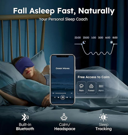 Luxury Bluetooth 5.4 Sleep Mask for Adults - Ice Fiber Cooling & HD Sound, 100% Light Blocking Adjustable Eye Cover for Travel & Side Sleepers - Soft Sleep Headphones with 10H Playtime (Blue)