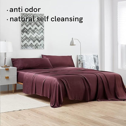 YnM Cooling Bed Sheet Set with 100 Percent Rayon Derived from Bamboo, 400TC Fabric with 2 Pillowcases and Flat Sheet, Deep Pocket Fit 19'', Silky-Soft & Sweat Wicking, 4 Piece (Queen, Rose Purple)