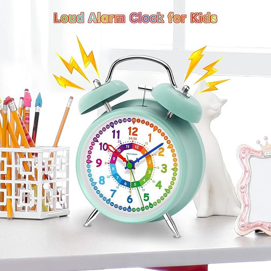 Peakeep Loud Analog Alarm Clock for Kids Learning Telling Time Teaching, 4.5" Twin Bell Alarm Clock Battery Operated for Heavy Sleepers Teenagers Kids(Aqua)
