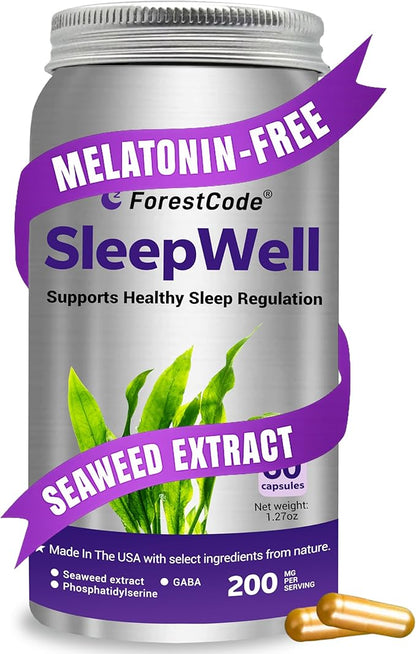 Melatonin-Free Sleep Aid for Adults with GABA & Seaweed Extract - Natural Supplement for Deep Sleep & Waking Up Refreshed, Stress Relief & Cognitive Support - Non-Habit Forming, 60 Capsules