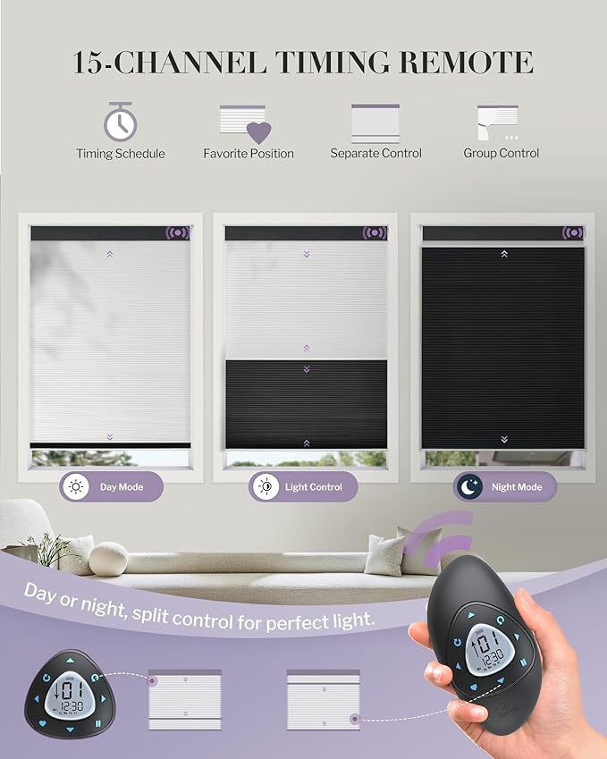 Graywind Motorized Day Night Cellular Shades with Remote, Smart Honeycomb Blinds Compatible with Alexa & Google Home, Custom Size Blackout/Privacy for Bedroom, Living Room & Home Office, Charcoal
