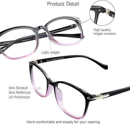 VisionGlobal Blue Light Blocking Glasses for Women/Men, Anti Eyestrain, Computer Reading, TV Glasses, Stylish Square Frame, Anti Glare(Black Purple,+5.00 Magnification)