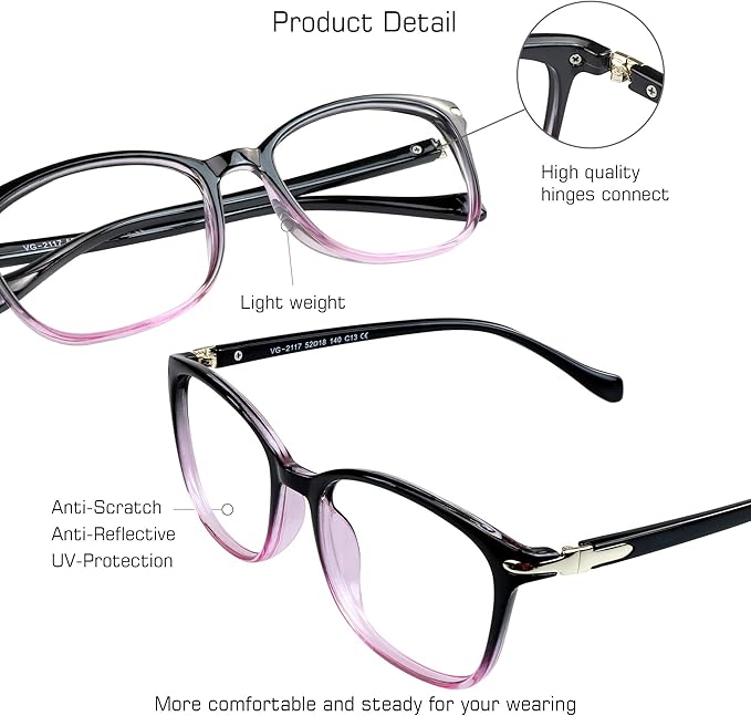 VisionGlobal Blue Light Blocking Glasses for Women/Men, Anti Eyestrain, Computer Reading, TV Glasses, Stylish Square Frame, Anti Glare