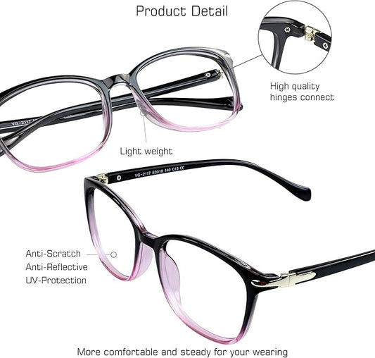 VisionGlobal Blue Light Blocking Glasses for Women/Men, Anti Eyestrain, Computer Reading, TV Glasses, Stylish Square Frame, Anti Glare(Black Purple,+5.25 Magnification)