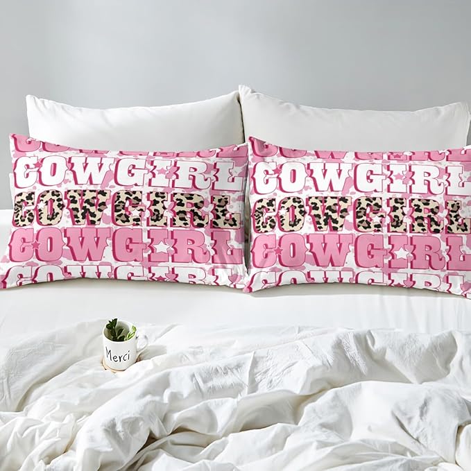 Manfei Cowgirl Bed Sheet Set 3 Pieces,Rustic Brown Leopard Fur Western Texas Star Microfiber Bedding Set Without Flat,Tribal Pink Cowhide Animal Fur Graffiti Fitted Sheet,2 Pillow Cases,Full Size