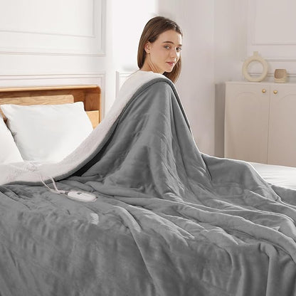 Queen Size Electric Blanket 84''x90'' Heated Blanket - Plush Flannel and Soft Sherpa Fleece Heating Blanket for Couple, 5 Heat Levels & 10 Hours Auto-Off, Great Gift for Grandma (Gray)