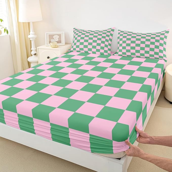 Lattice Boys Girls Bed Sheets,Geometric Plaid Patchwork Room Decor,Simple Modern Abstract Kids Twin Size Fitted Sheet,Pink Green Bedding Set,1 Pillowcase(No Flat)
