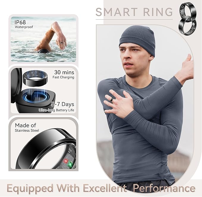 Smart Ring for Men,Fitness & Activity Tracker with Blood Oxygen/Heart Rate Monitor, Sleep Tracker, Step Counter, IP68 Waterproof Ring for iOS & Android, Fast Charge, No Subscription (Black, Size9）