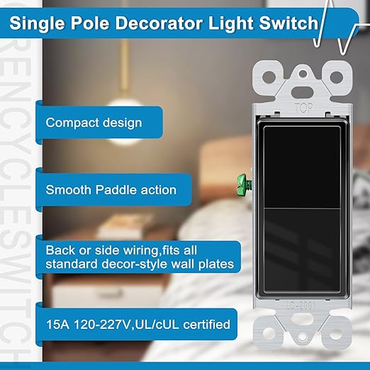 Greencycle Black Single Pole Rocker Light Switch,Paddle Light Switch 15 Amp,Sp Switches White,120V-277V AC,On/Off Wall Switches, Residential/Commercial Grade,Home & Office,UL/CUL,2PK