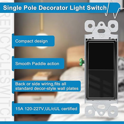Greencycle Black Single Pole Rocker Light Switch,Paddle Light Switch 15 Amp,Sp Switches White,120V-277V AC,On/Off Wall Switches, Residential/Commercial Grade,Home & Office,UL/CUL,2PK