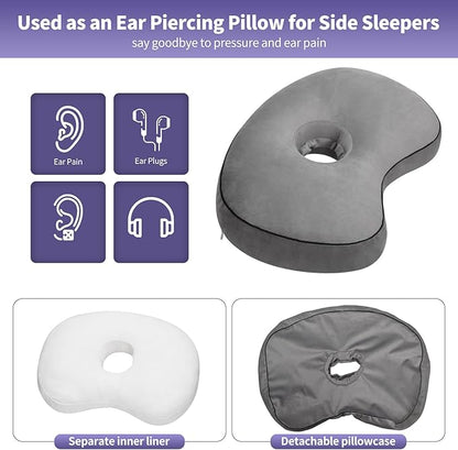 Curved Ear Piercing Pillow - Orthopedic Donut Design with 3.5" Ear Hole Relief, Gray Velvet Side Sleeper Support for Healing Piercings