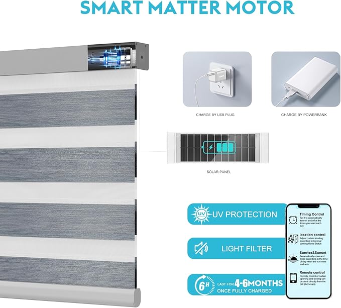 Motorized Zebra Blinds with Remote Smart Blind Work with Homekit Alexa SmartThings Electric Day and Night Shade Cordless Automatic Solar Powered Window Shade Customize(Starry Grey)
