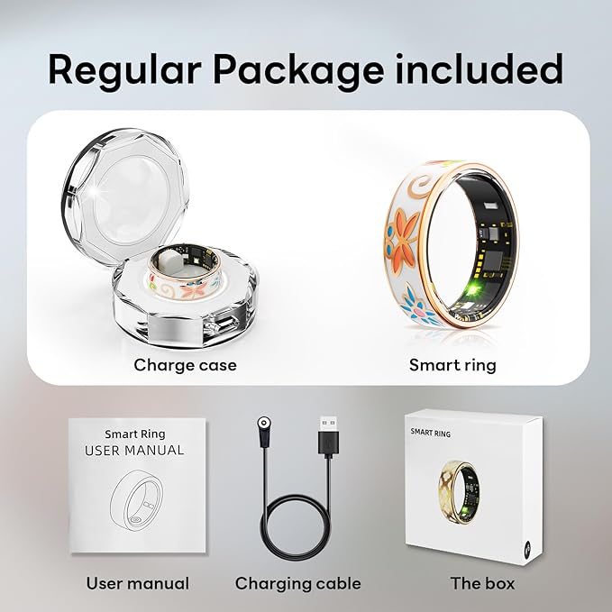Vintage Smart Ring for Women and Men, Fitness Tracker with Heart Rate Monitor, Sleep Tracker, 8 Sport Modes, Step Counter, IP68 Waterproof, 5-Day Battery, Crystal Magnetic Charging Case
