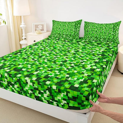 Pixelated Blocks Kids Queen Size Fitted Sheet,Patchwork Square Video Games Room Decor,Abstract Geometric Grid Boys Girls Bed Sheets,Green Bedding Set,2 Pillowcases(No Flat)