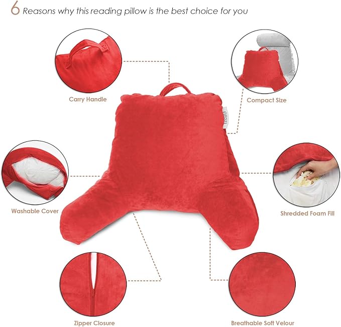 Nestl Reading Pillow for Kids & Teens with Shredded Memory Foam, Backrest Pillows for Reading, Watching, and Gaming, Use on The Couch, Bed, or Floor, Adjustable Support with Washable Cover Cherry Red