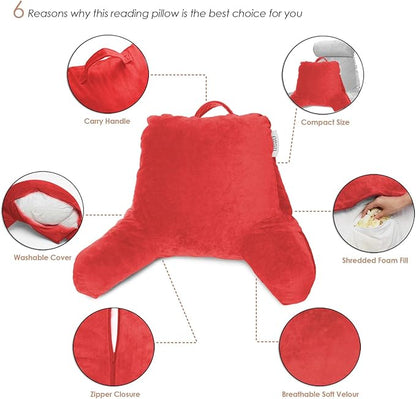 Nestl Reading Pillow for Kids & Teens with Shredded Memory Foam, Backrest Pillows for Reading, Watching, and Gaming, Use on The Couch, Bed, or Floor, Adjustable Support with Washable Cover Cherry Red