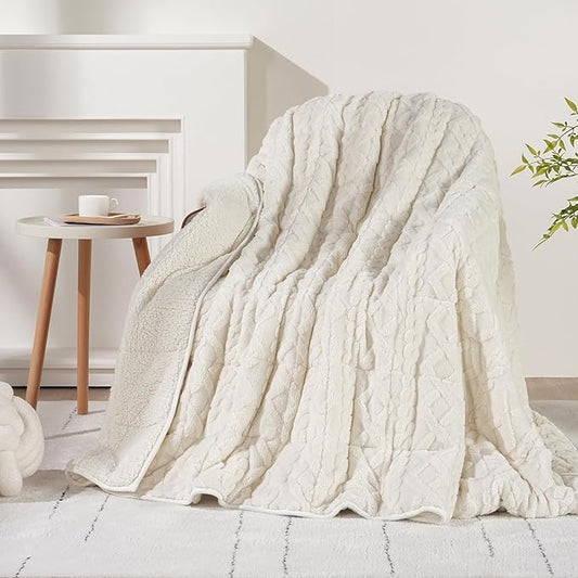 Wemore Weighted Blanket for Adults Twin Size 15 lbs, Dual Sided Soft Fuzzy Jacquard Sherpa Weighted Blankets for Sleeping, Cozy Fluffy Knitted Heavy Blanket for Couch Bed, Cream White, 60 x 80 inches