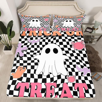 Halloween Fitted Sheet Queen Size,Cartoon Ghost Spider Bat Silhouette Soft Bed Cover(1 Fitted Sheet+1 Pillow Case),Trick or Treat Retro Black White Plaids Patchwork Breathable Mattress Cover