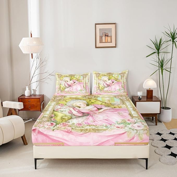 Princess Kids Full Size Fitted Sheet,Roses Floral Castle Fantasy Boys Girls Bed Sheets,Vintage Romantic Fashion Room Decor,Pink Yellow Bedding Set,2 Pillowcases(No Flat)
