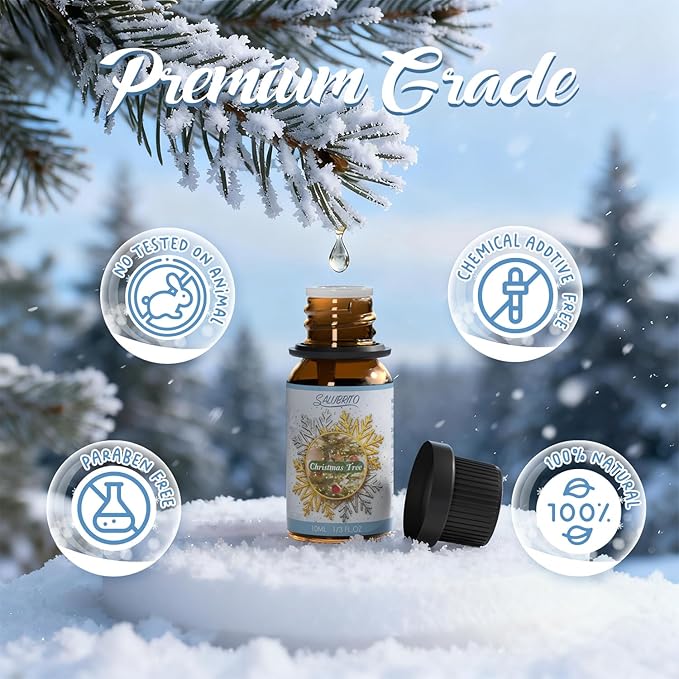 SALUBRITO Winter Fragrance Oils Set, Holiday Essential Oils for Diffuser, Candle, Soap Making - Christmas Tree, Cinnamon, Gingerbread, Candy Cane, Spiced Cider, Sugar Cookies Scented Oil