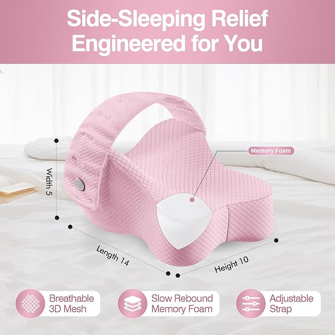 Knee Pillow for Side Sleepers, Memory Foam Leg Pillow Between Knees, Relieves Back, Hip & Knee Pain While Aligning Spine, Adjustable Strap, 14 Inch (Pink)