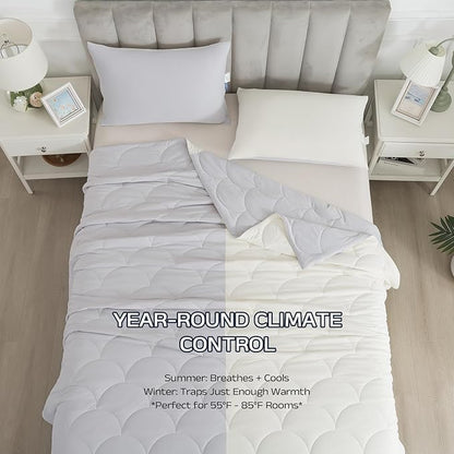 Cooling Blanket for Hot Sleepers - Queen Size Lightweight Breathable Tencel Blend, Double Sided All-Season Comforter, Temperature Regulating & Machine Washable (Grey+White, Queen (90''x90''))